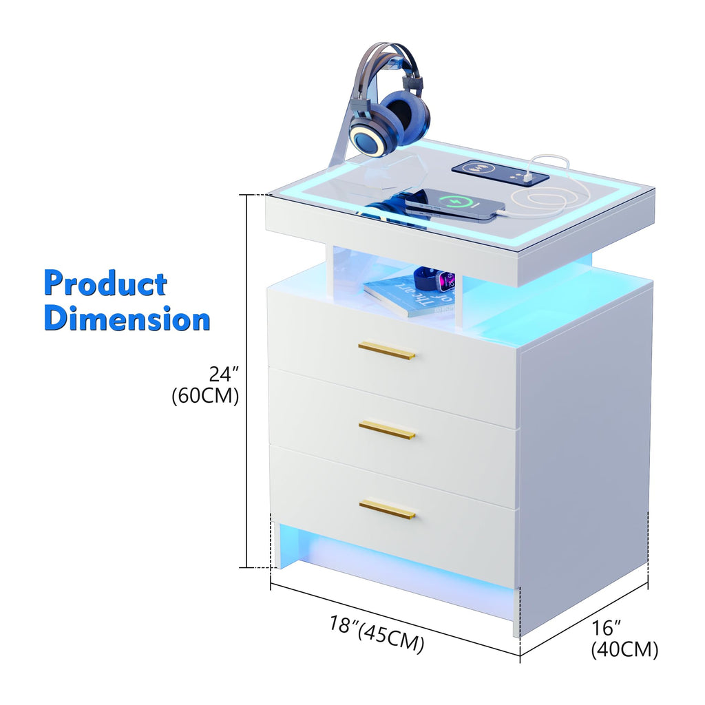 White LED Nightstand with Wireless Charging Station A268