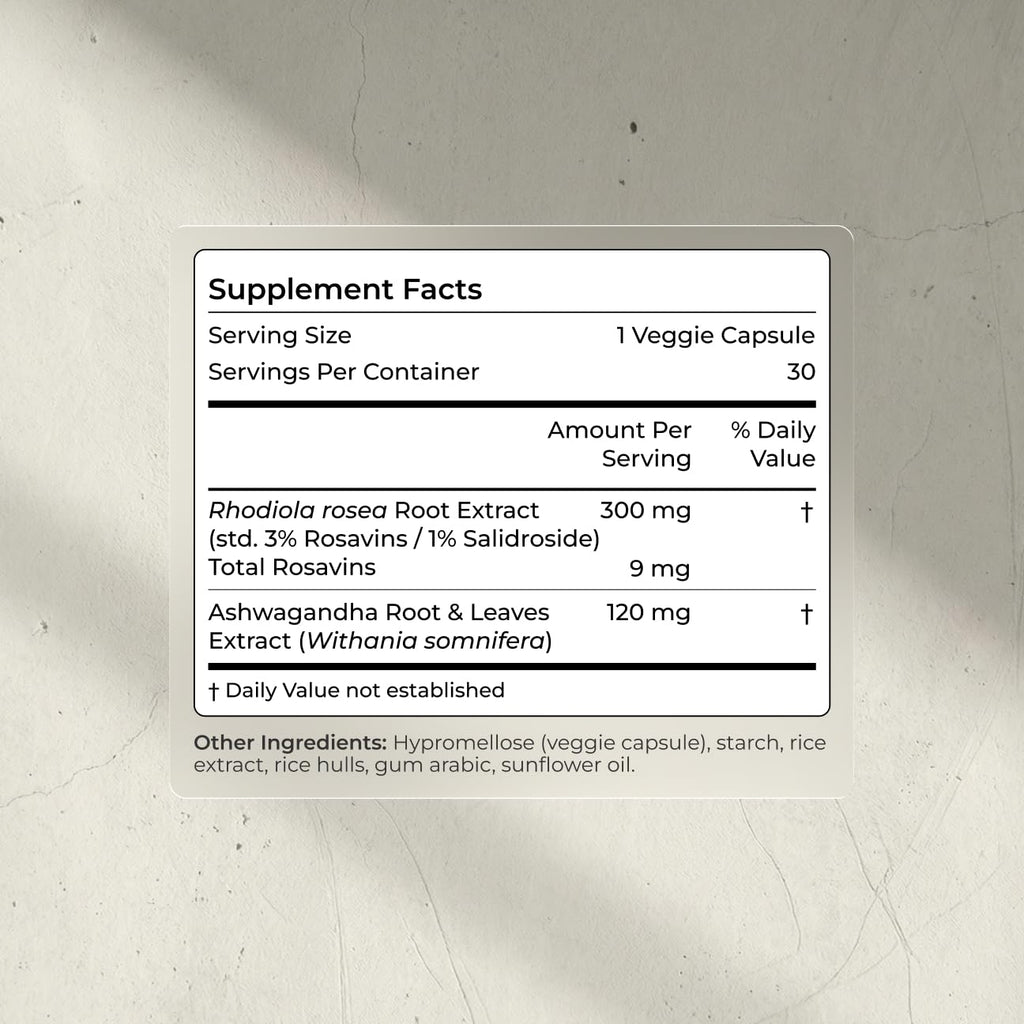 Ashwagandha & Rhodiola 120mg Adaptogen Capsules 30 Vegan Capsules R3406
