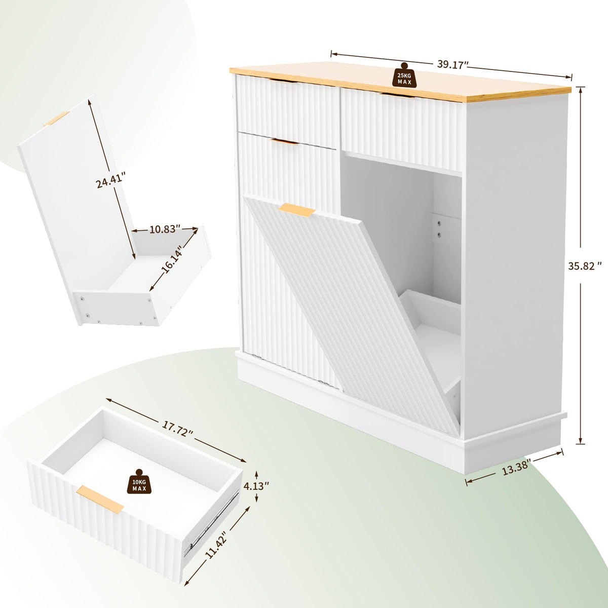 20 Gallon Double Tilt-Out White Trash Can Cabinet with Storage Drawers P5429