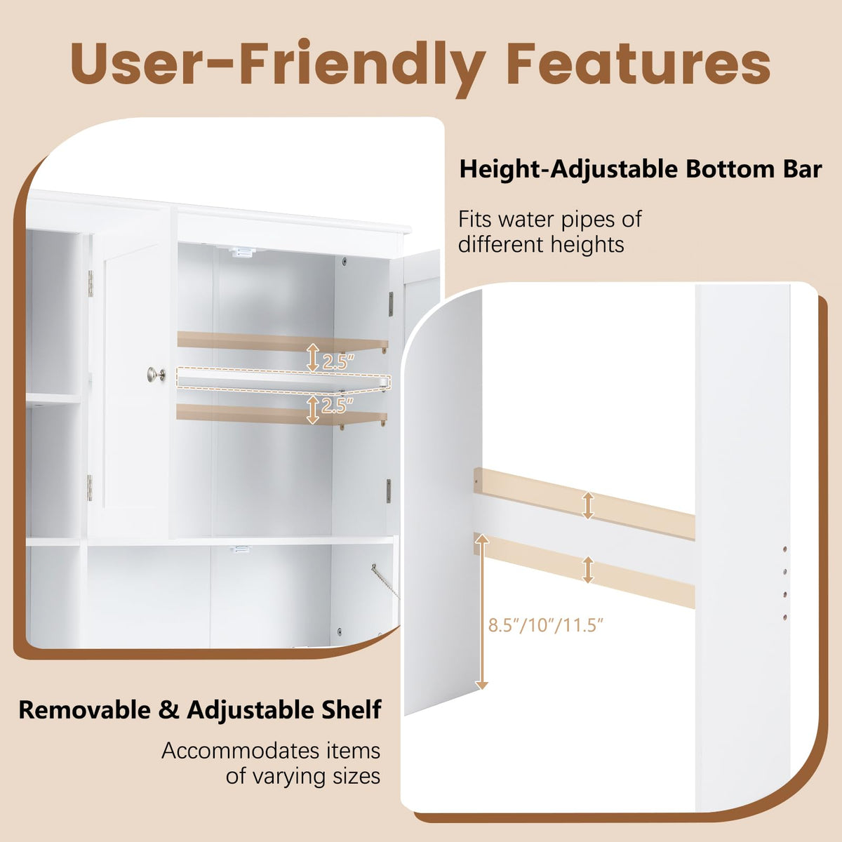 Over The Toilet Storage Cabinet with Doors and Adjustable Shelf, White A26701