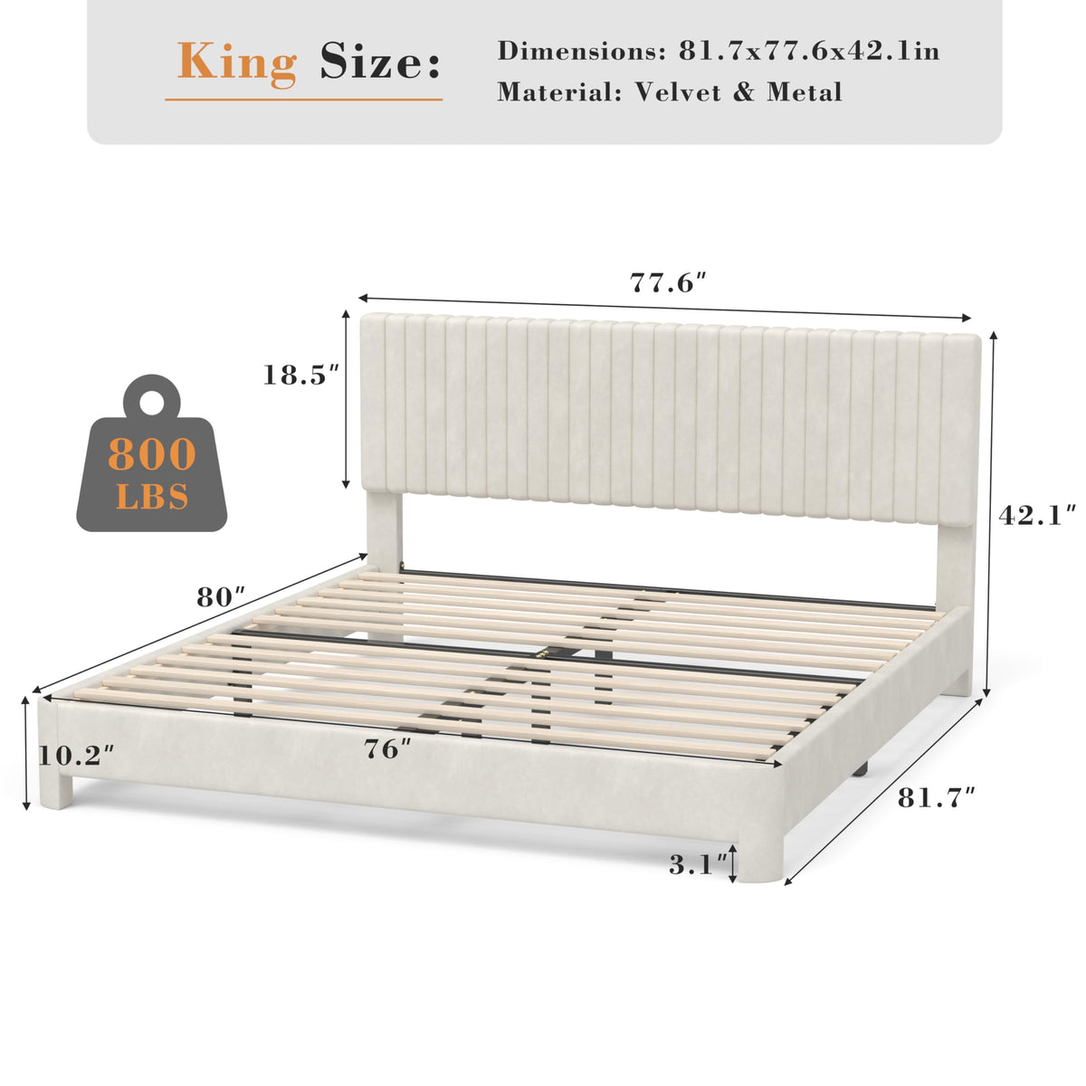 King Size Velvet Upholstered Bed Frame with Headboard W2512