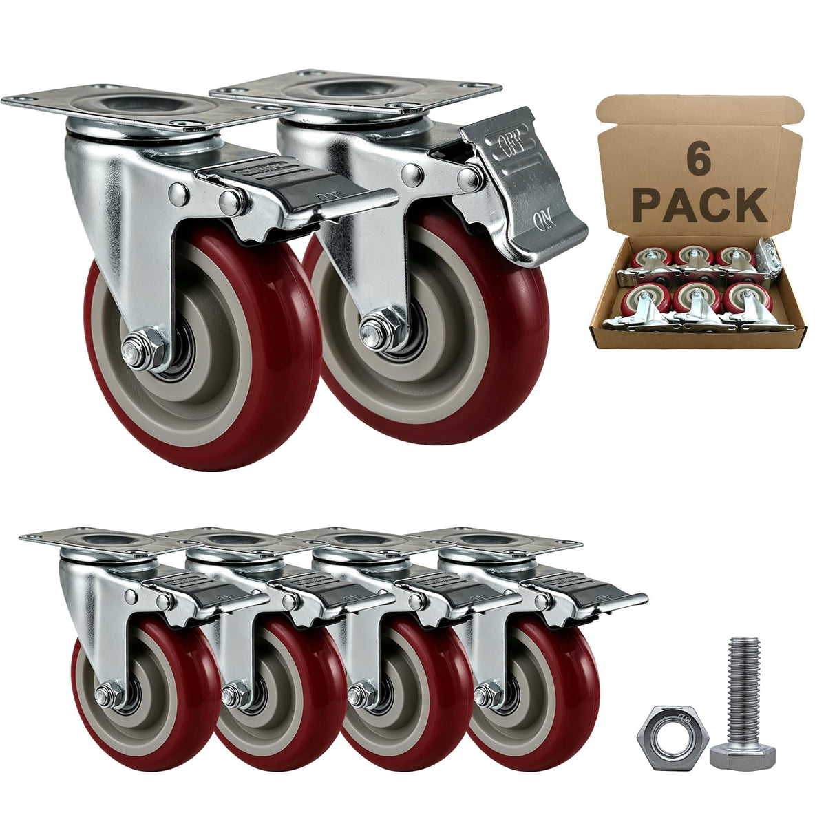 6 Pcs 4 Inch Heavy Duty Locking Swivel Plate Casters M8094