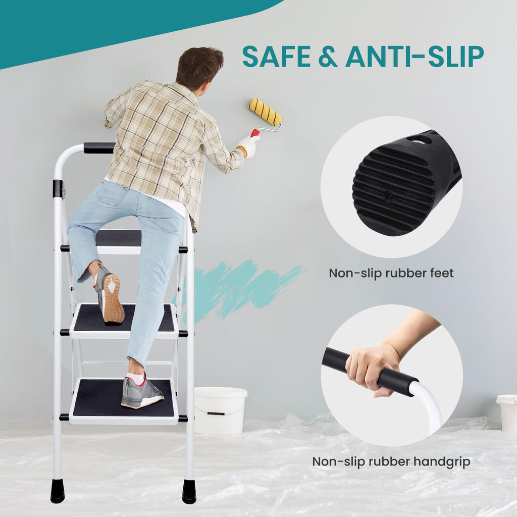 3 Step Ladder with Anti-Slip Pedal & Handrail Y56212