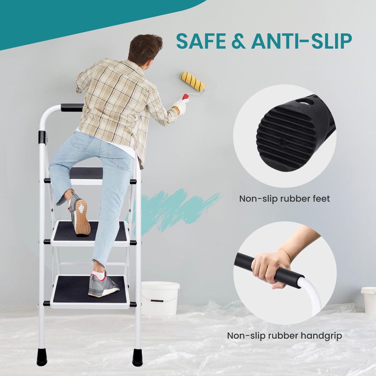 3 Step Ladder with Anti-Slip Pedal & Handrail Y56212