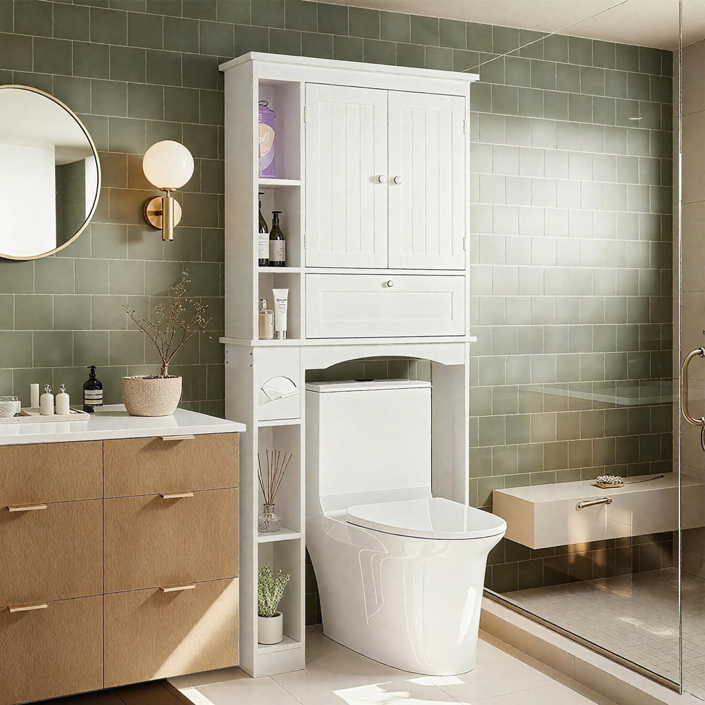 Over The Toilet Storage Cabinet with Doors and Adjustable Shelf, White A26701