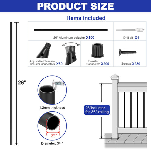100 Pack 26" Round Black Aluminum Deck Balusters S115