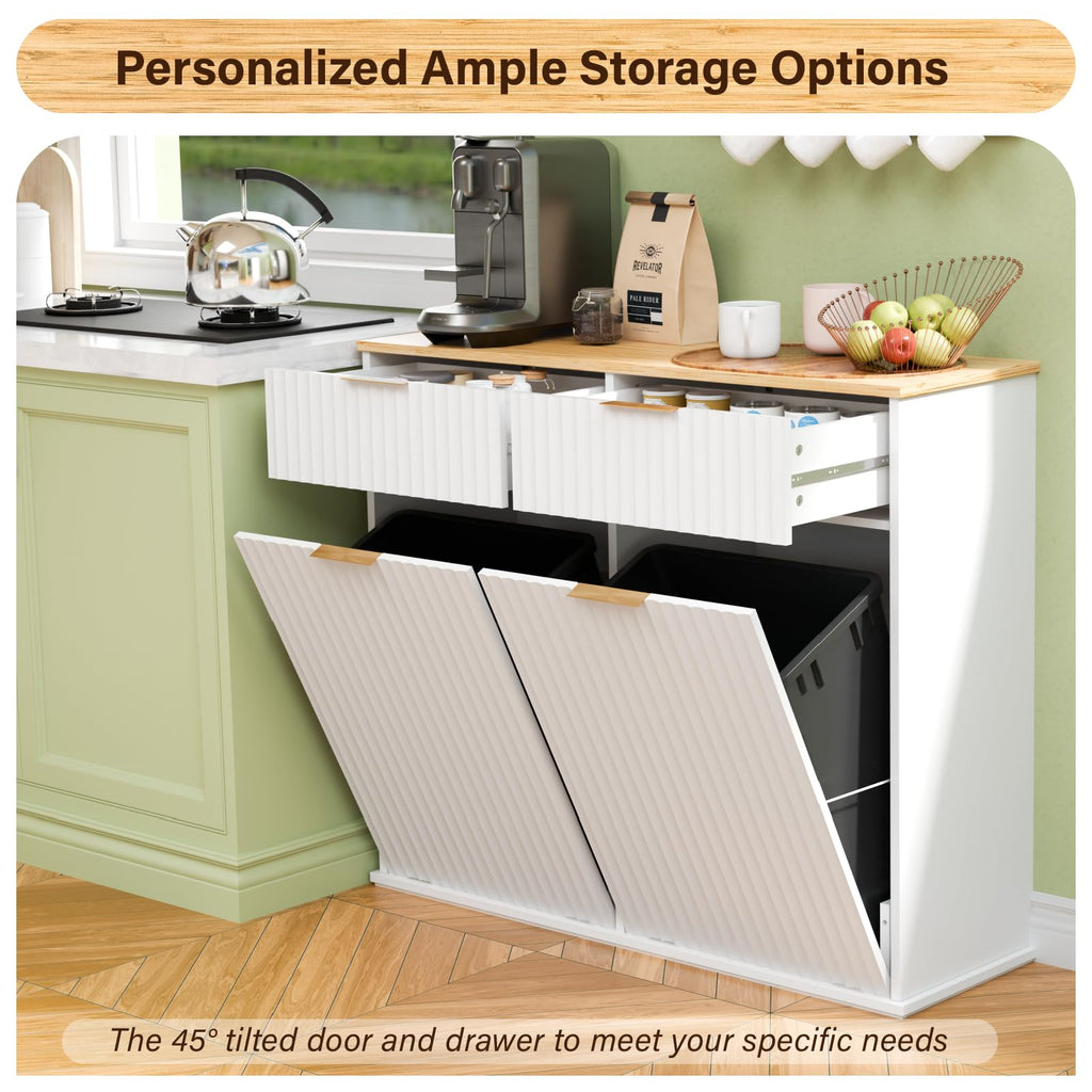 20 Gallon Double Tilt-Out White Trash Can Cabinet with Storage Drawers P5429
