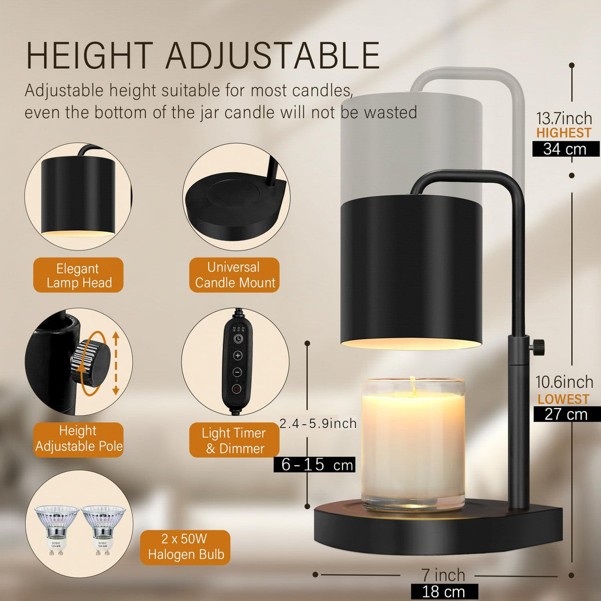 Black Adjustable Height Dimmable Candle Warmer Lamp with Timer H927