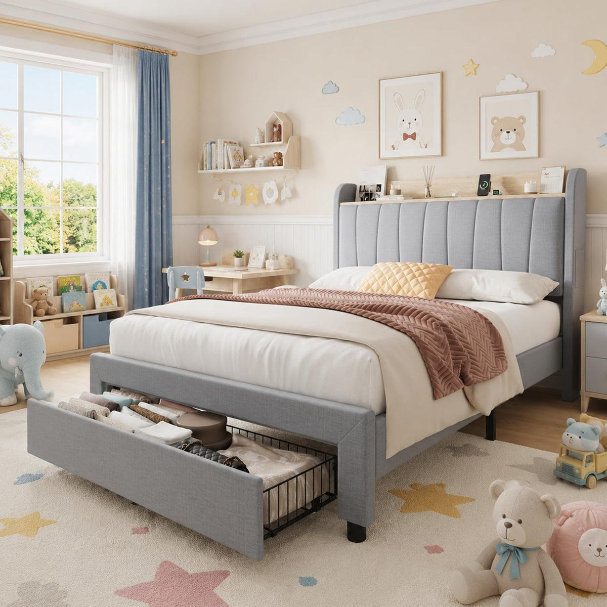 Twin Bed Frame with Storage Headboard and Charging Station I9565