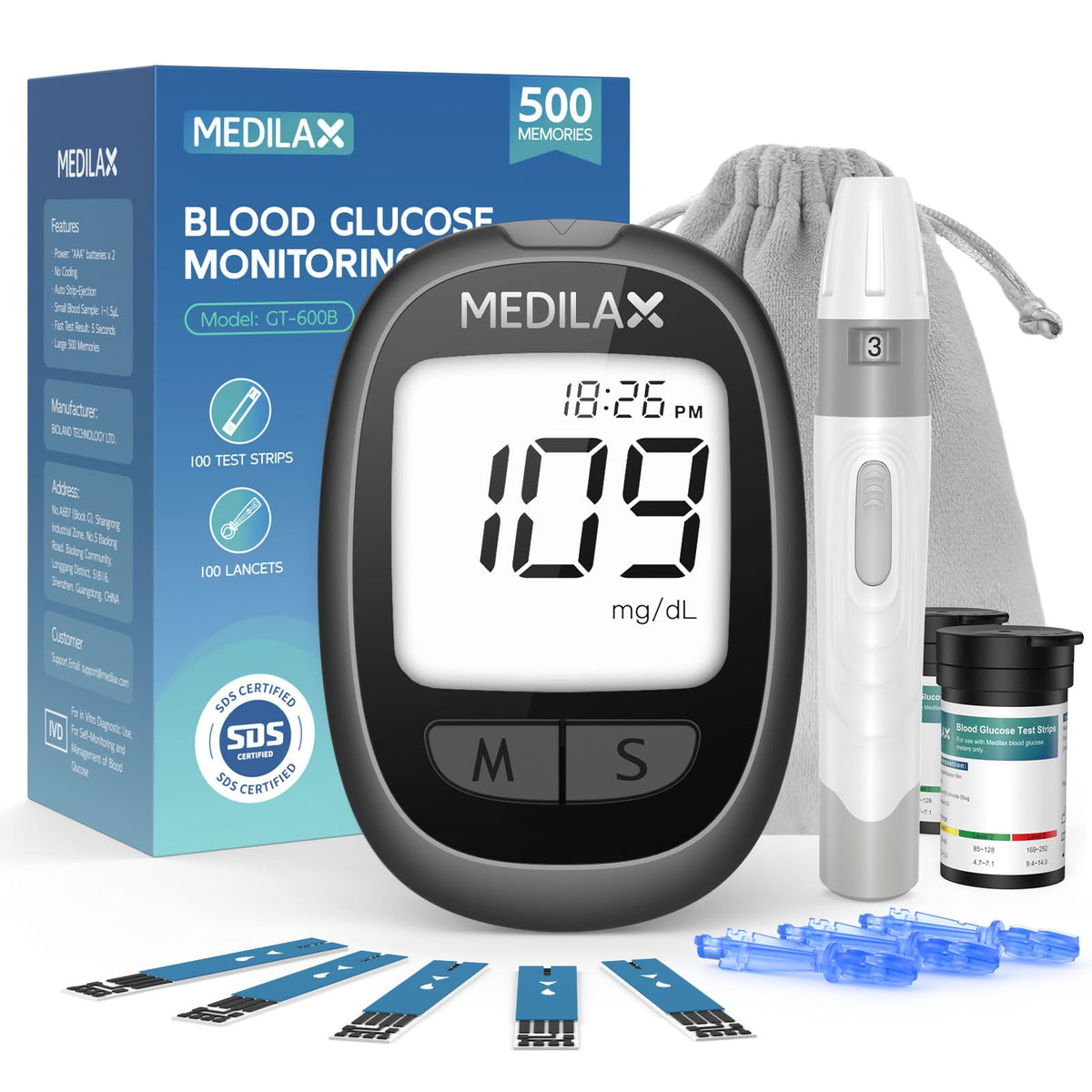 Blood Glucose Monitor Kit with 100 Strips W901