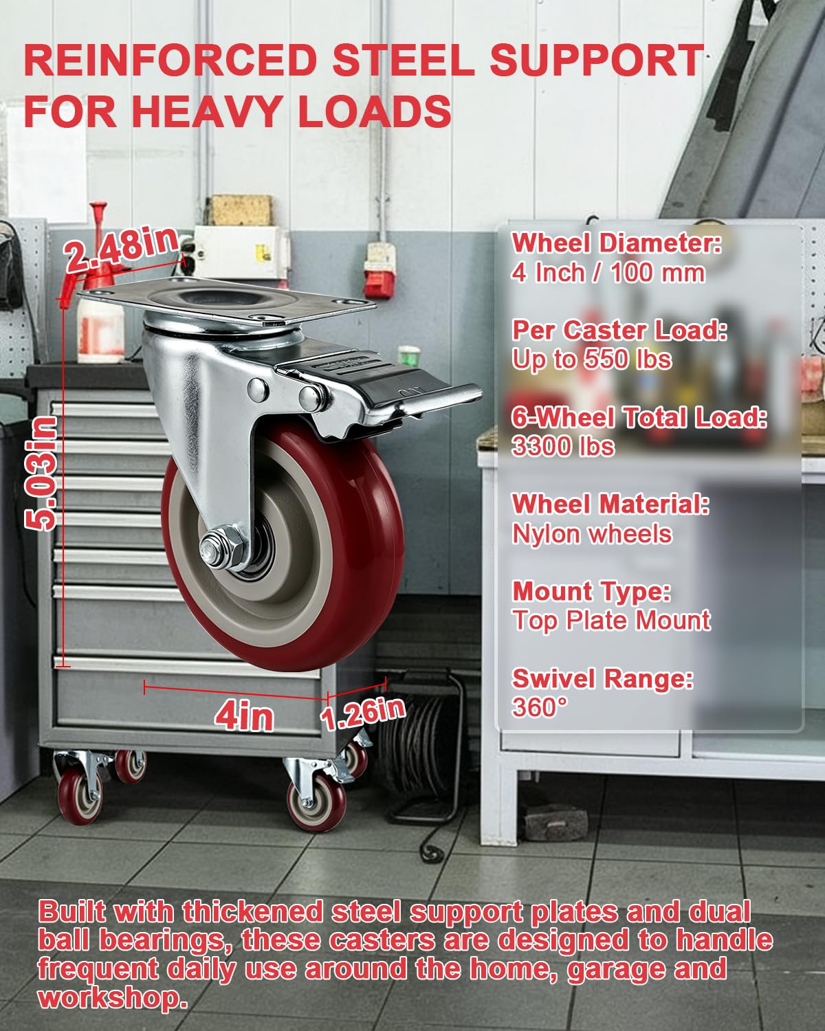 6 Pcs 4 Inch Heavy Duty Locking Swivel Plate Casters M8094