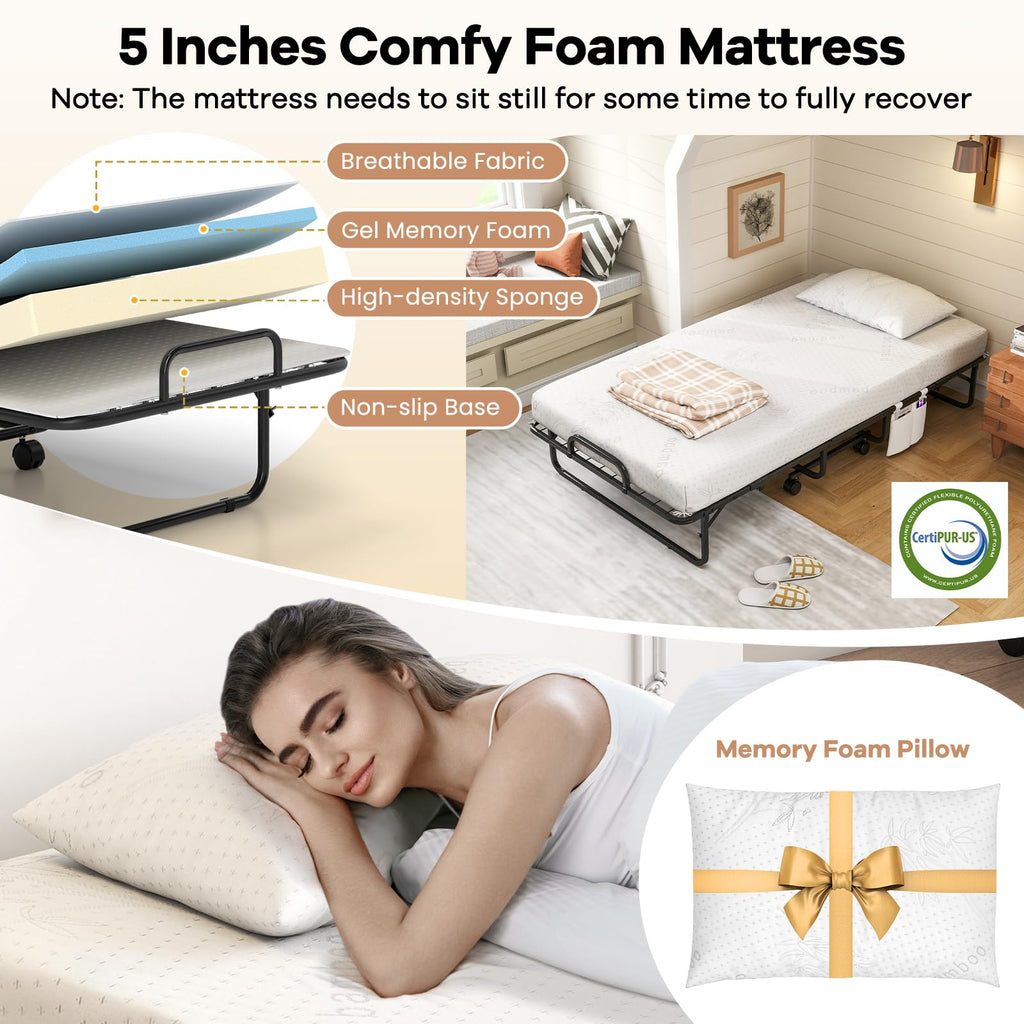 Twin Folding Bed with 5 Inch Mattress and Metal Frame S101