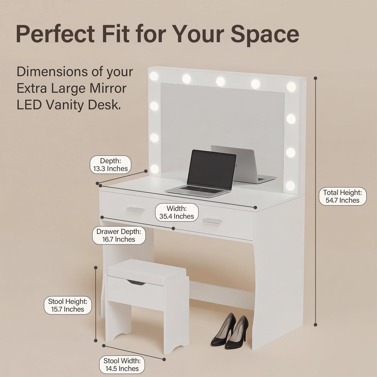 Vanity Desk with Lighted Mirror and 2 Drawers H1837