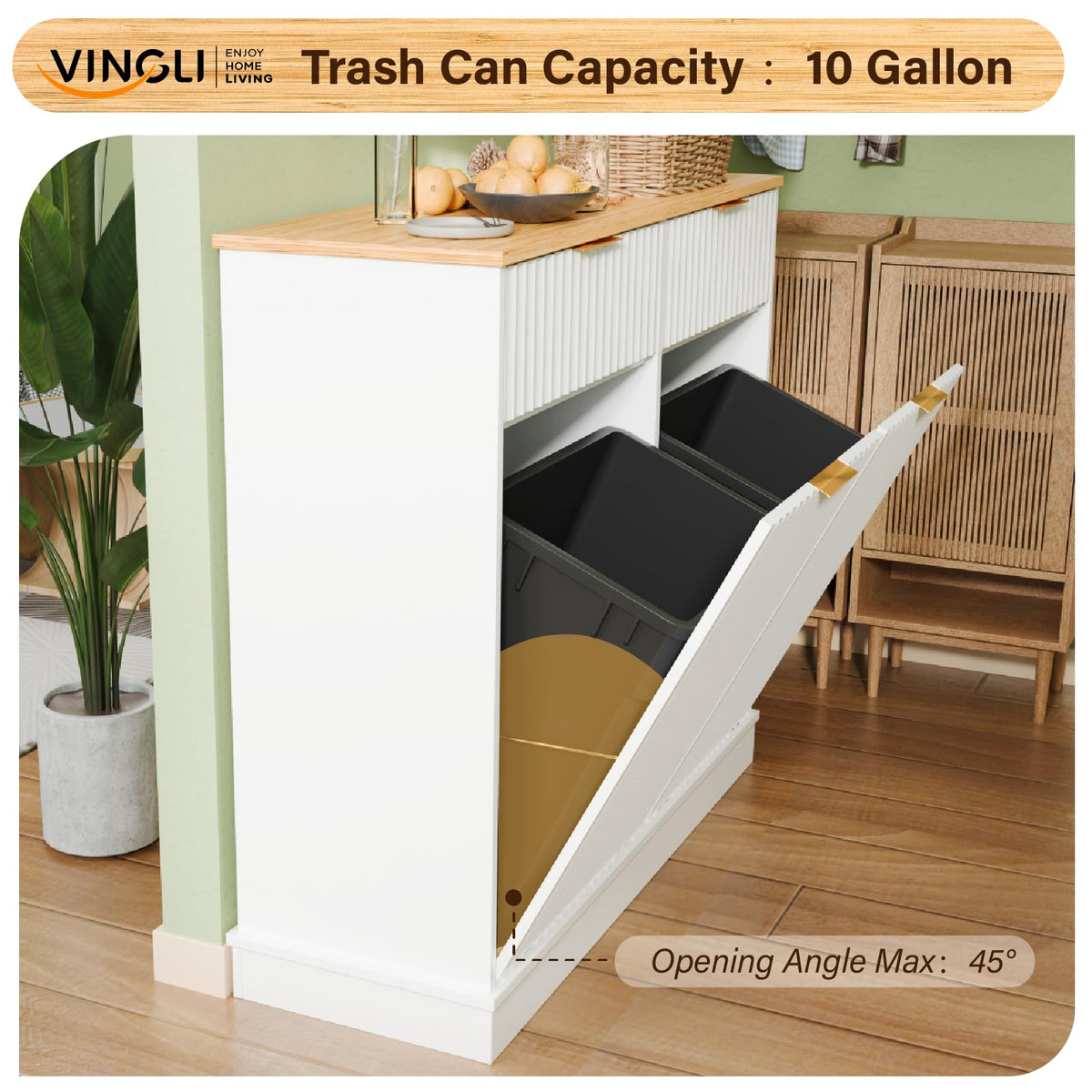 20 Gallon Double Tilt-Out White Trash Can Cabinet with Storage Drawers P5429