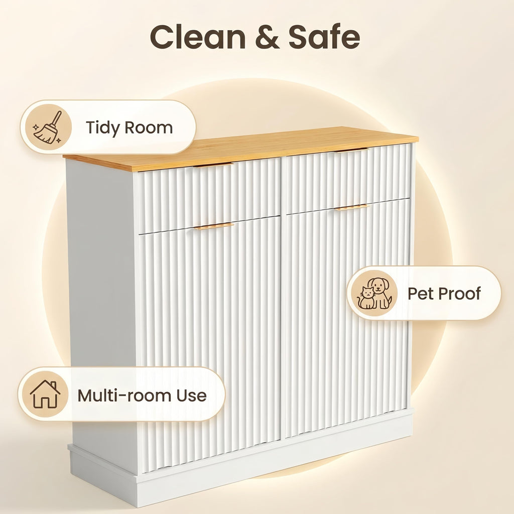 20 Gallon Double Tilt-Out White Trash Can Cabinet with Storage Drawers P5429
