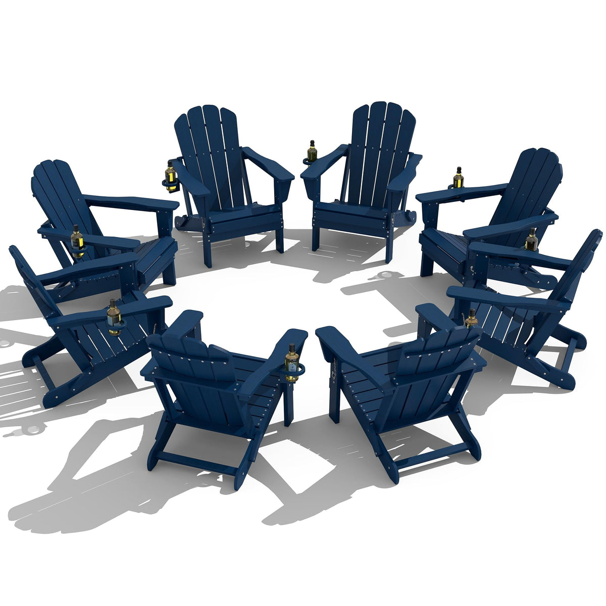 Folding Adirondack Chair Set of 8 HDPE All-Weather with Cup Holder Blue P899752
