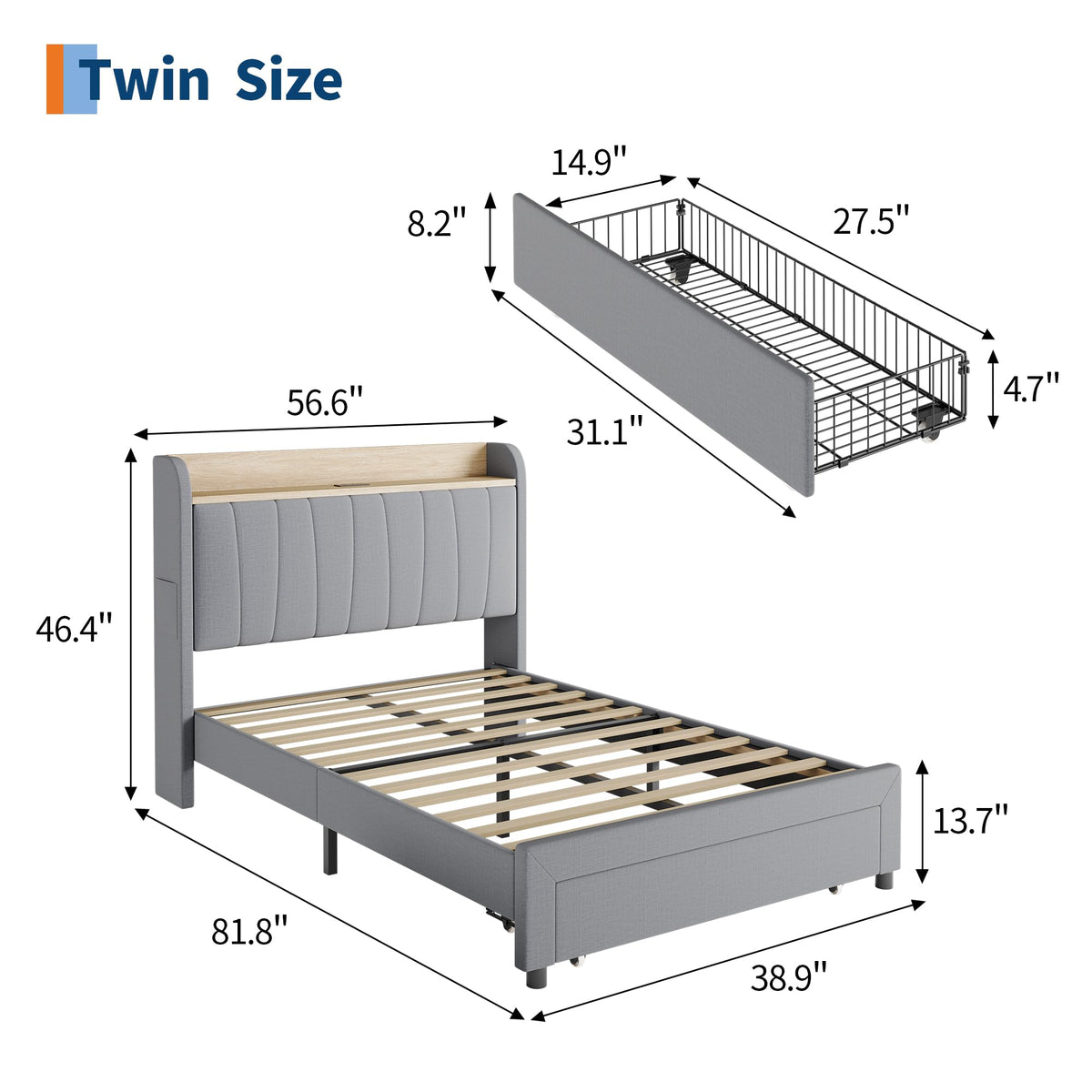 Twin Bed Frame with Storage Headboard and Charging Station I9565