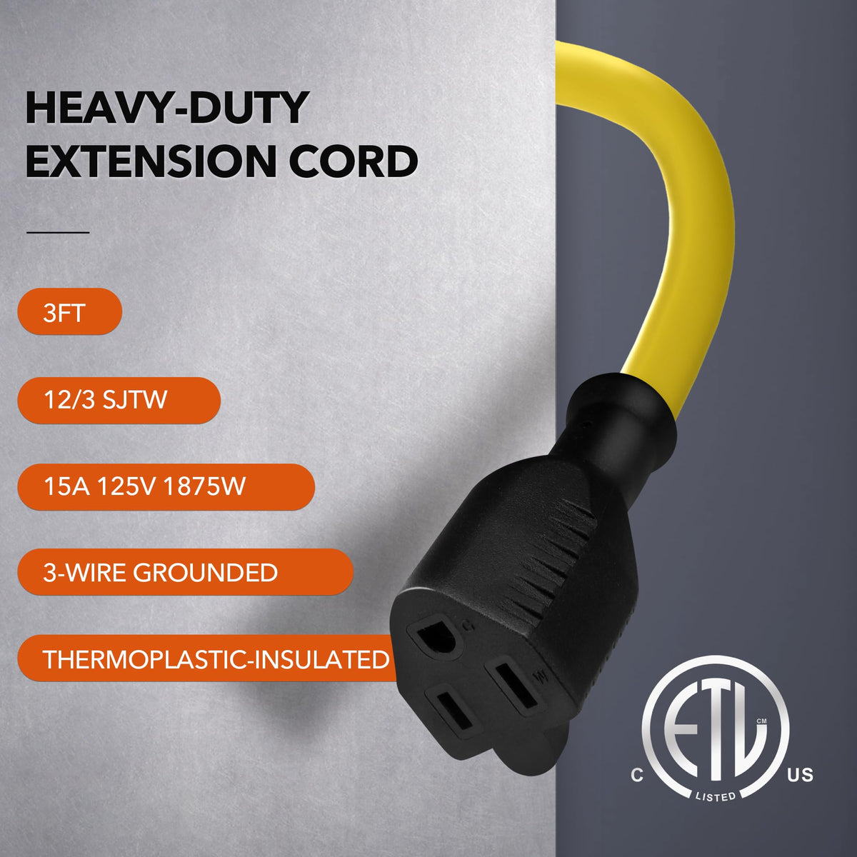 3ft 12/3 SJTW Heavy Duty Outdoor Extension Cord V184