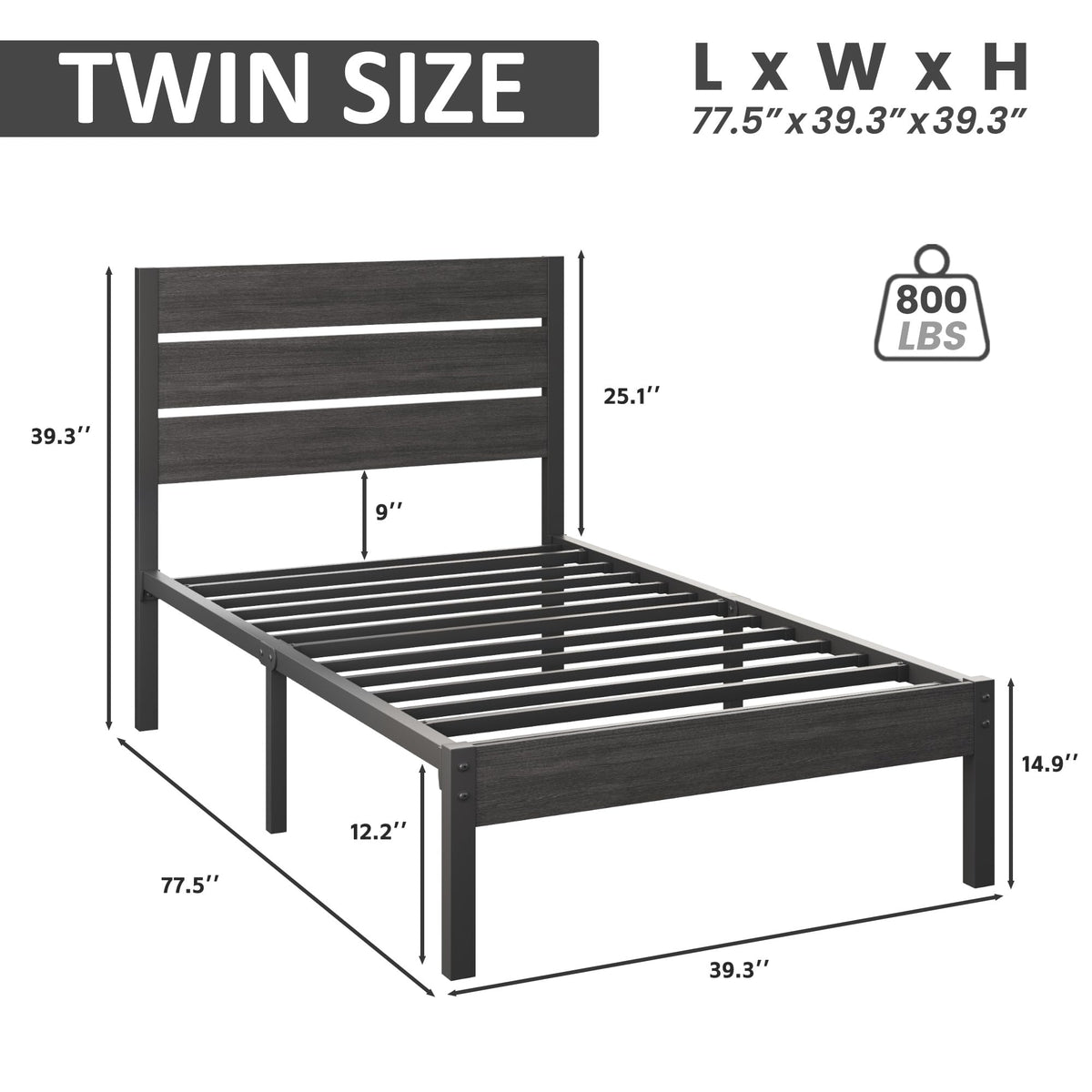 Twin Metal Bed Frame with Headboard and Under Bed Storage L925