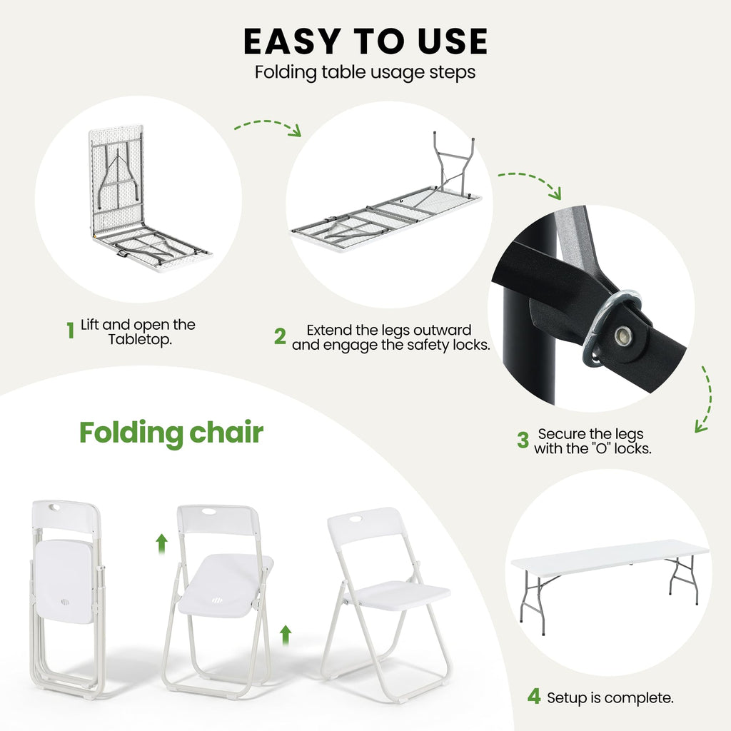 8FT Foldable Table Set with 10 Pack Plastic Folding Chairs E914
