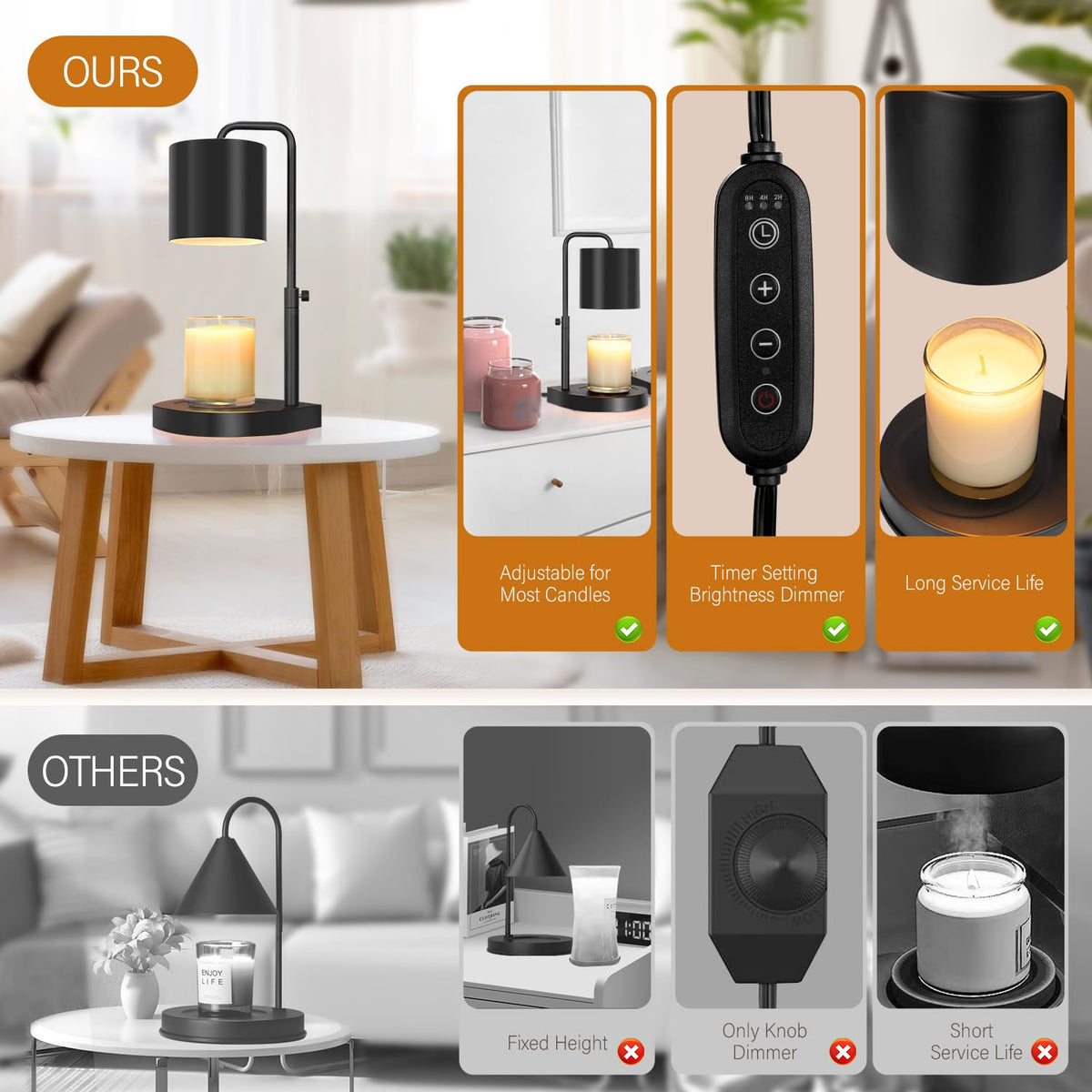 Black Adjustable Height Dimmable Candle Warmer Lamp with Timer H927