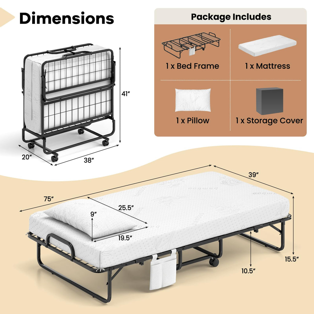Twin Folding Bed with 5 Inch Mattress and Metal Frame S101