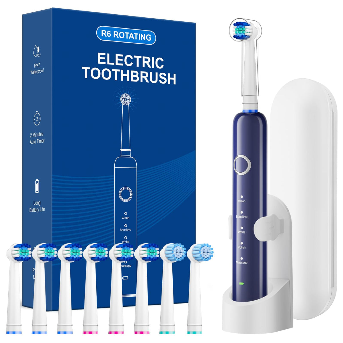Black Rechargeable Electric Toothbrush with 8 Brush Heads W739151