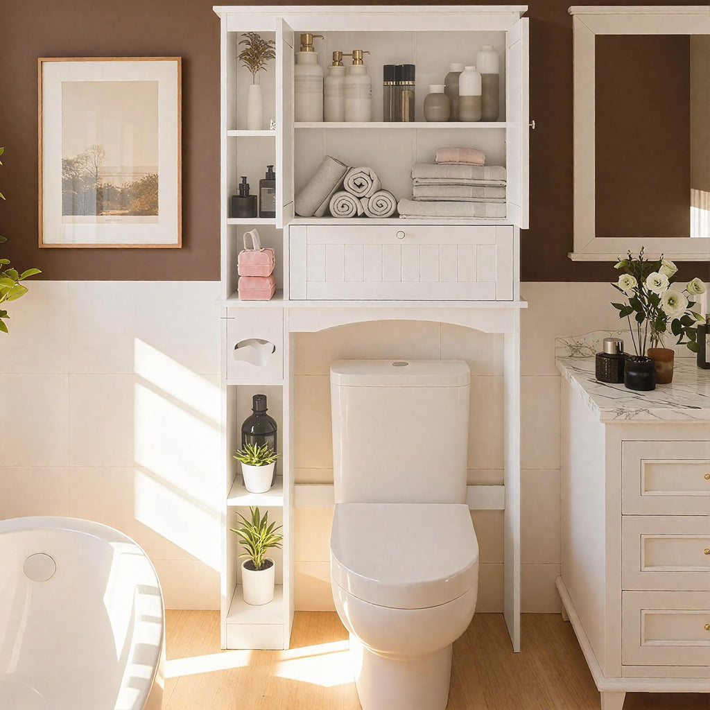 Over The Toilet Storage Cabinet with Doors and Adjustable Shelf, White A26701