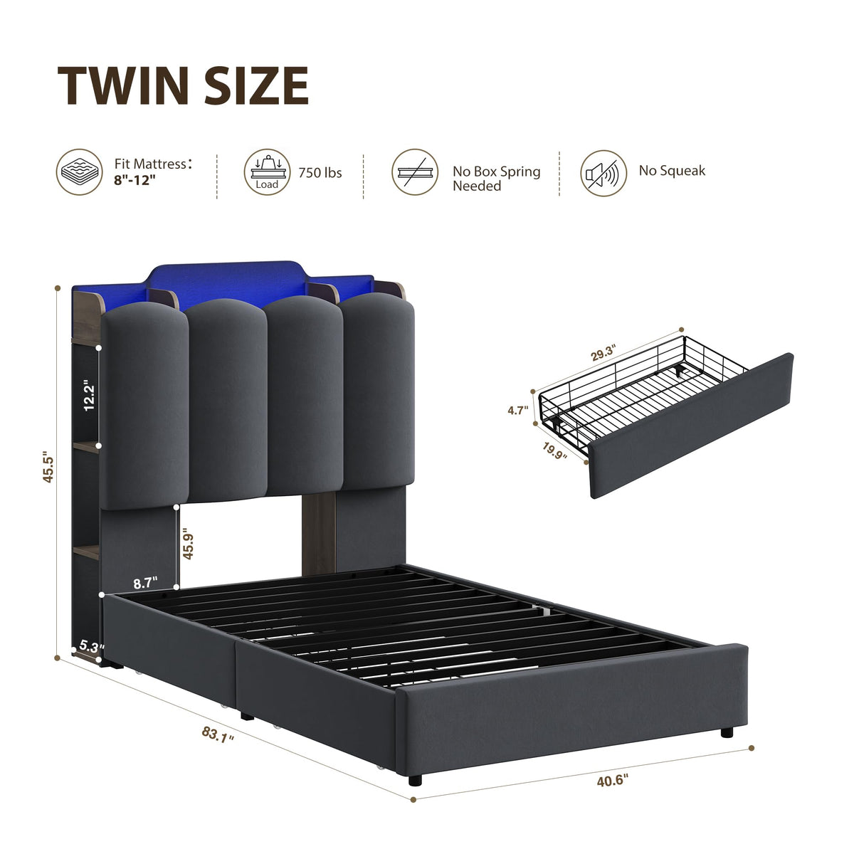 Twin Upholstered Platform Bed Frame with Storage Headboard A330063