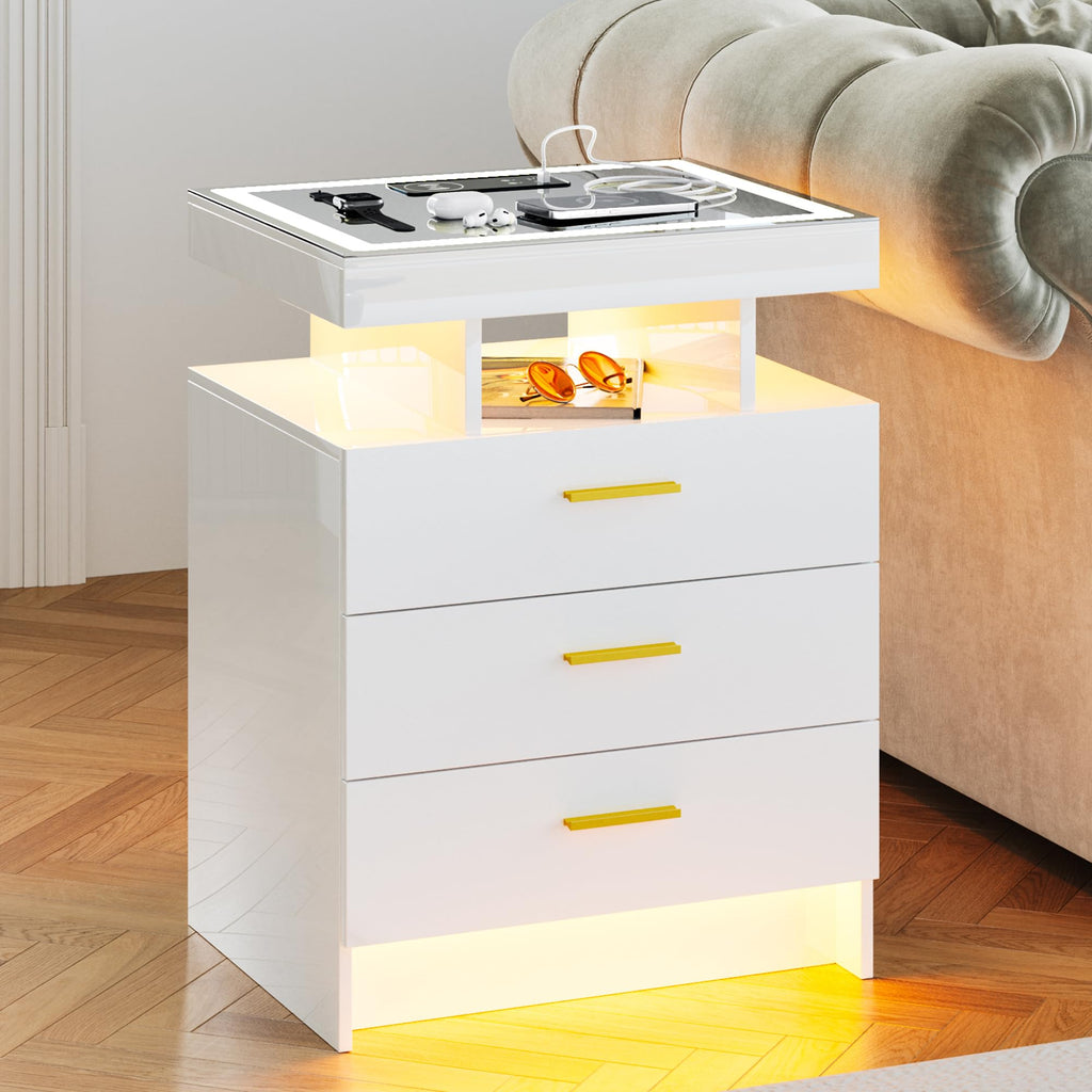 White LED Nightstand with Wireless Charging Station A268