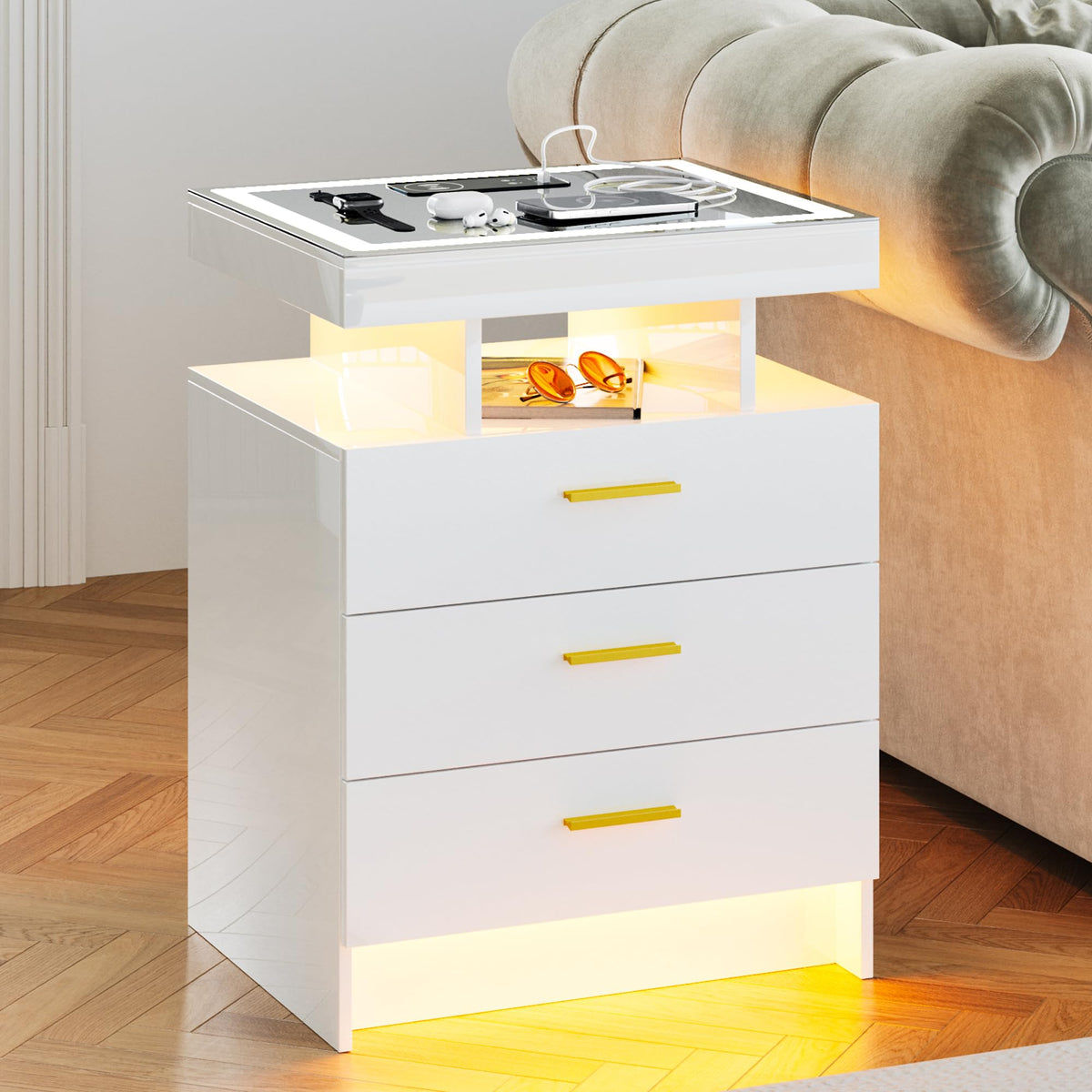 White LED Nightstand with Wireless Charging Station A268
