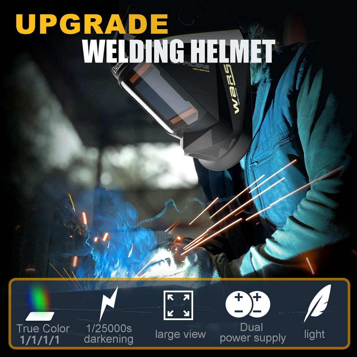 Auto Darkening Welding Helmet Large Viewing True Color Solar Battery Power I5614