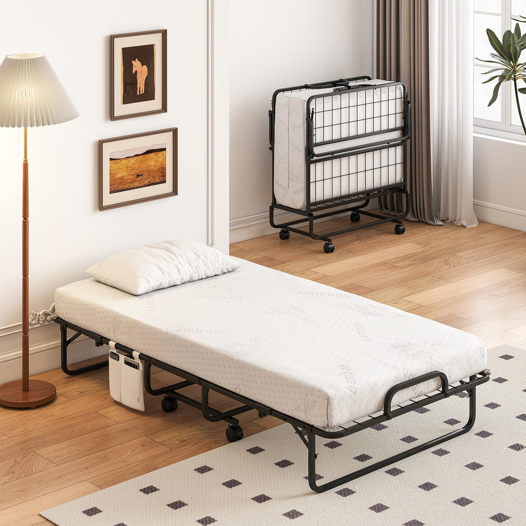 Twin Folding Bed with 5 Inch Mattress and Metal Frame S101