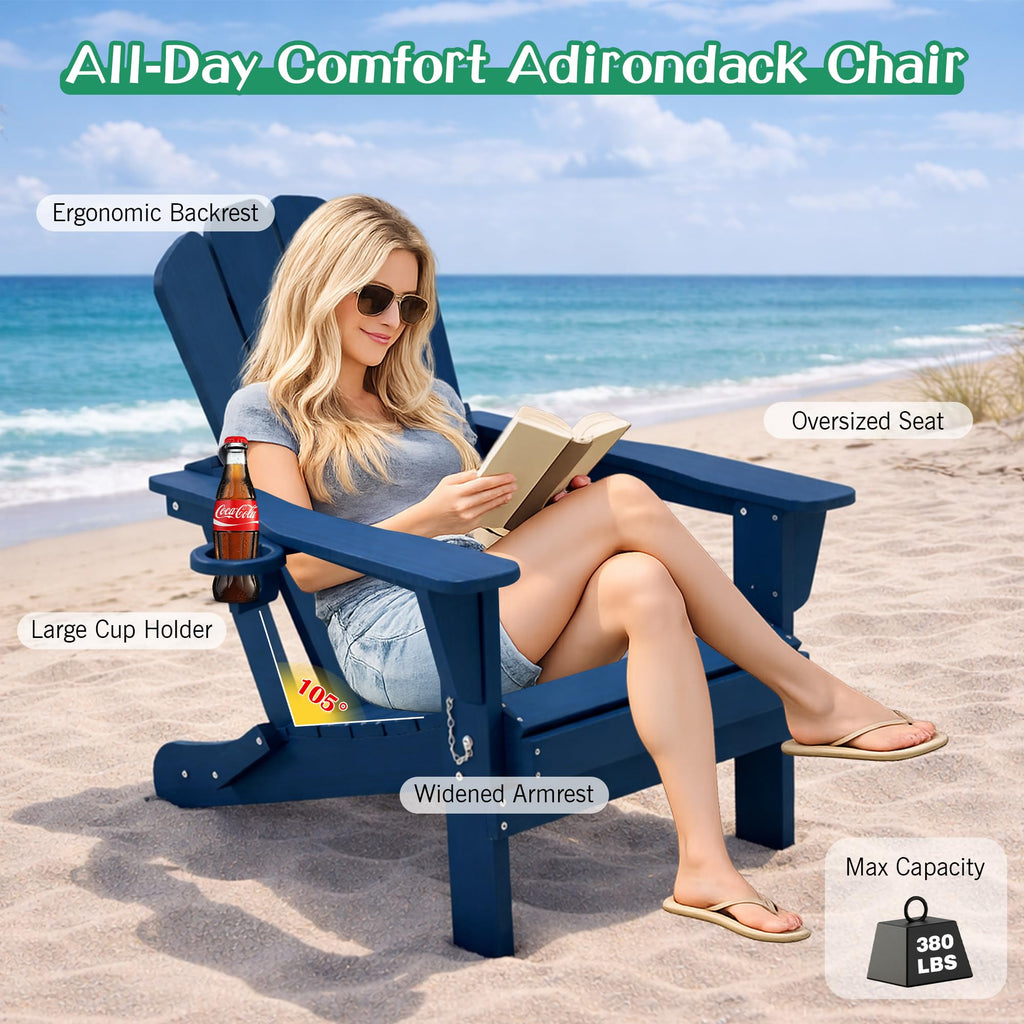 Folding Adirondack Chair Set of 8 HDPE All-Weather with Cup Holder Blue P899752