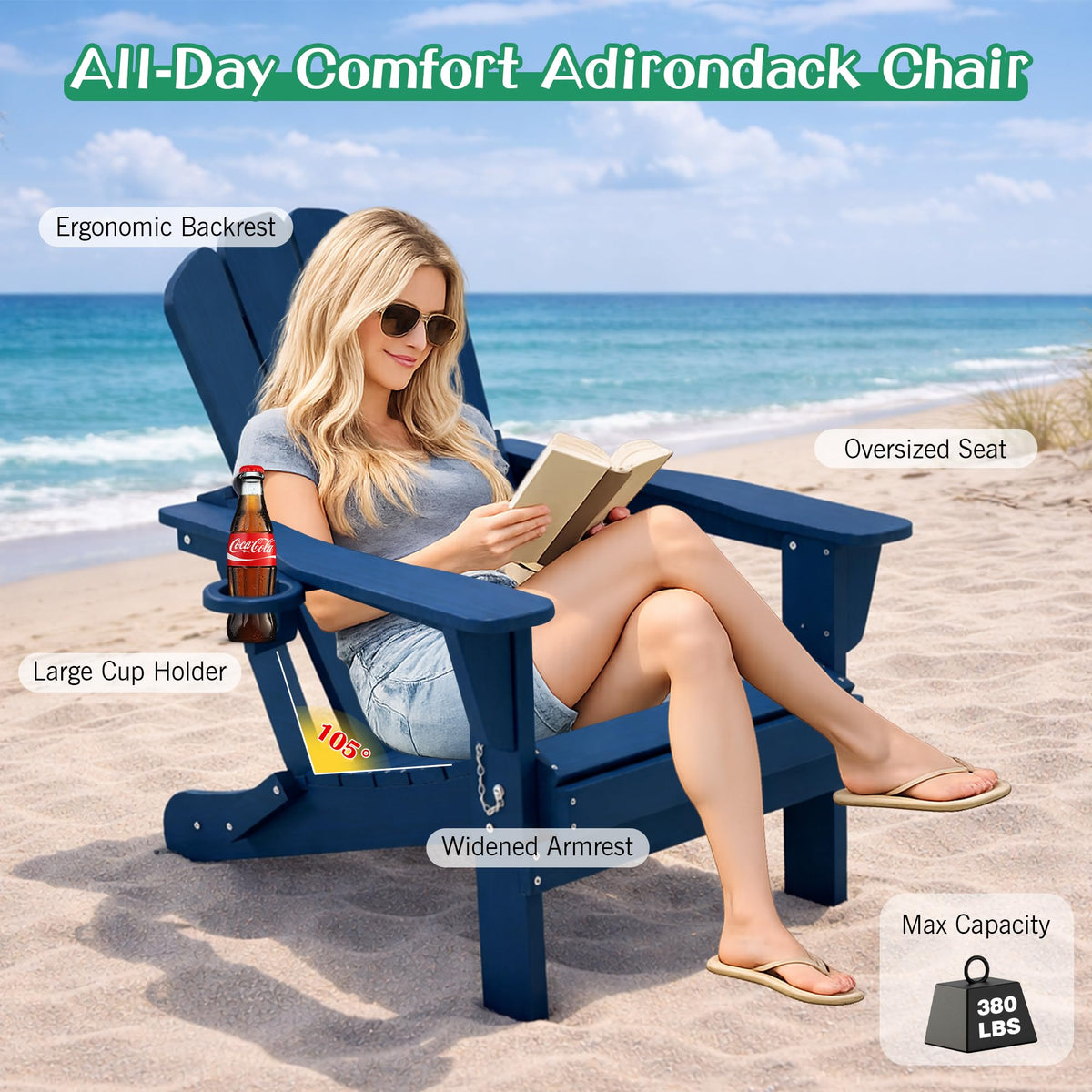 Folding Adirondack Chair Set of 8 HDPE All-Weather with Cup Holder Blue P899752