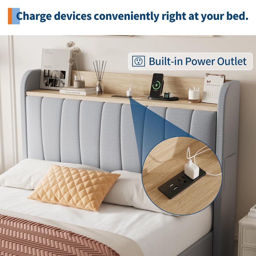 Twin Bed Frame with Storage Headboard and Charging Station I9565