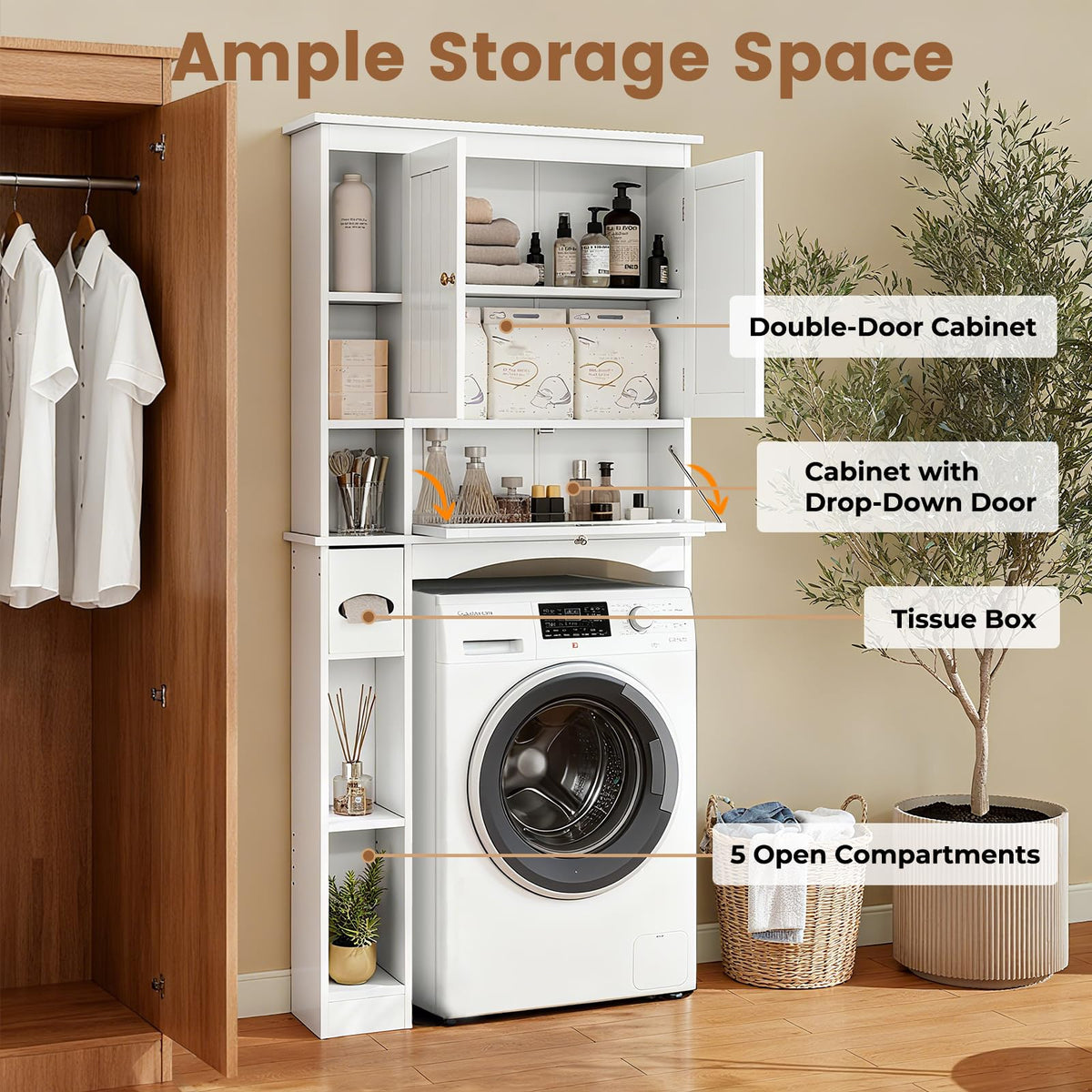 Over The Toilet Storage Cabinet with Doors and Adjustable Shelf, White A26701
