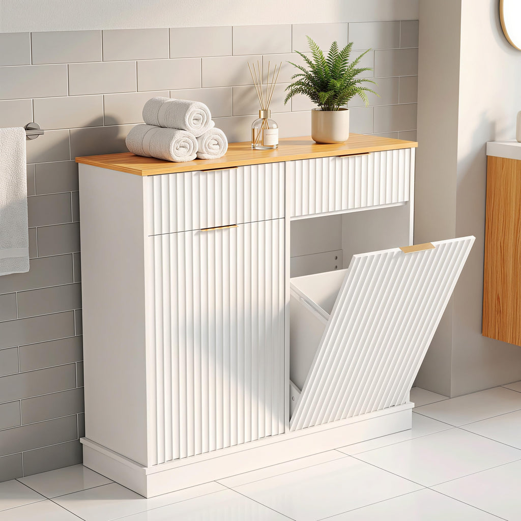 20 Gallon Double Tilt-Out White Trash Can Cabinet with Storage Drawers P5429