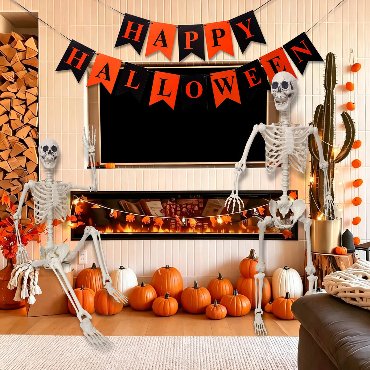 Life Size Poseable Plastic Skeleton with Banner P6589