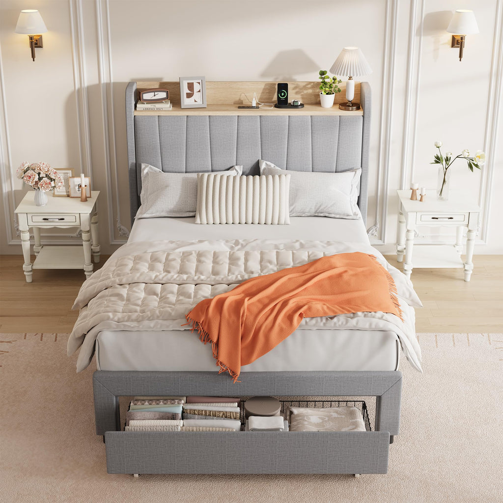 Twin Bed Frame with Storage Headboard and Charging Station I9565