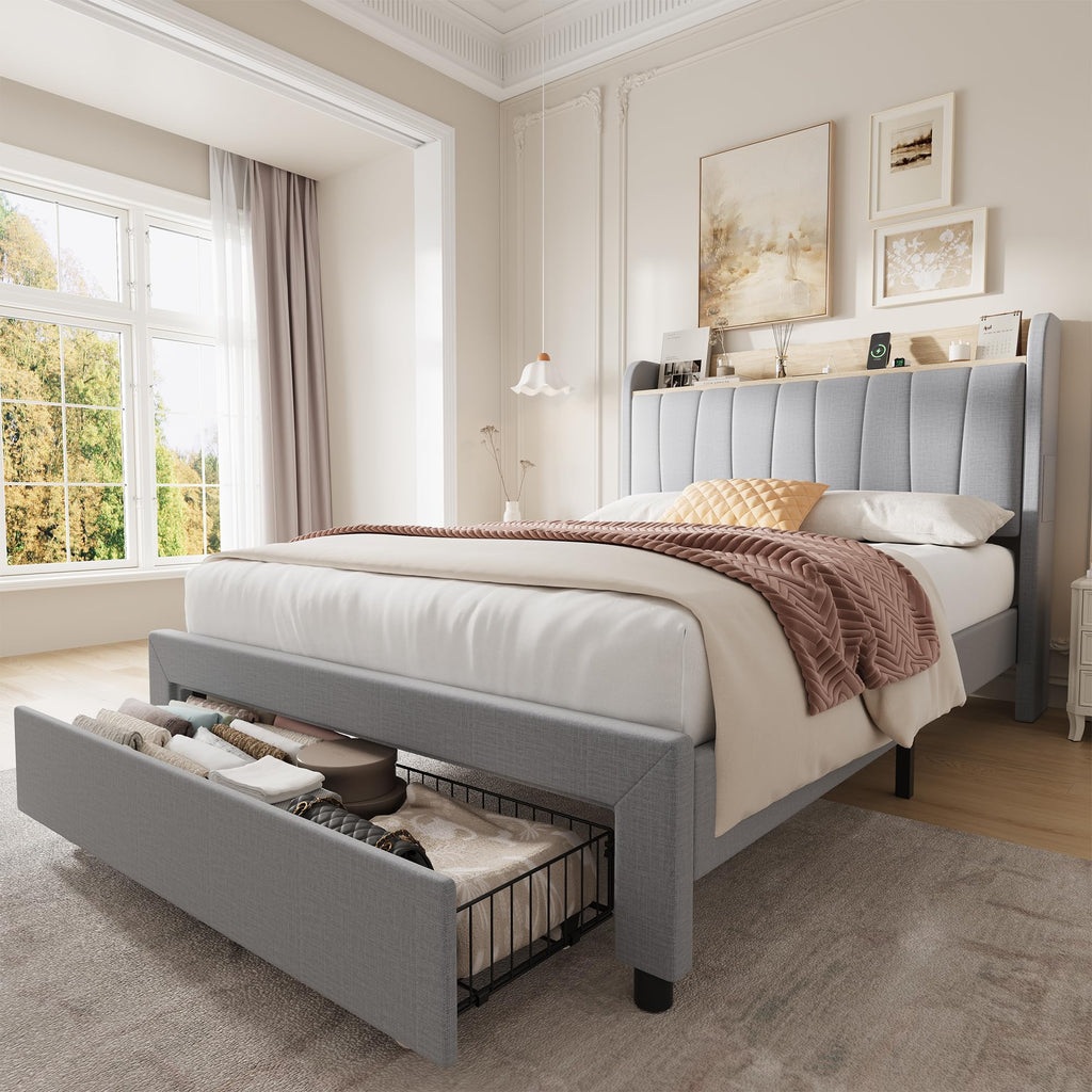 Twin Bed Frame with Storage Headboard and Charging Station I9565