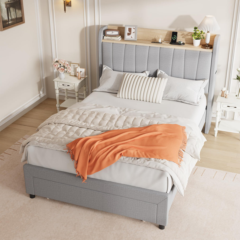 Twin Bed Frame with Storage Headboard and Charging Station I9565