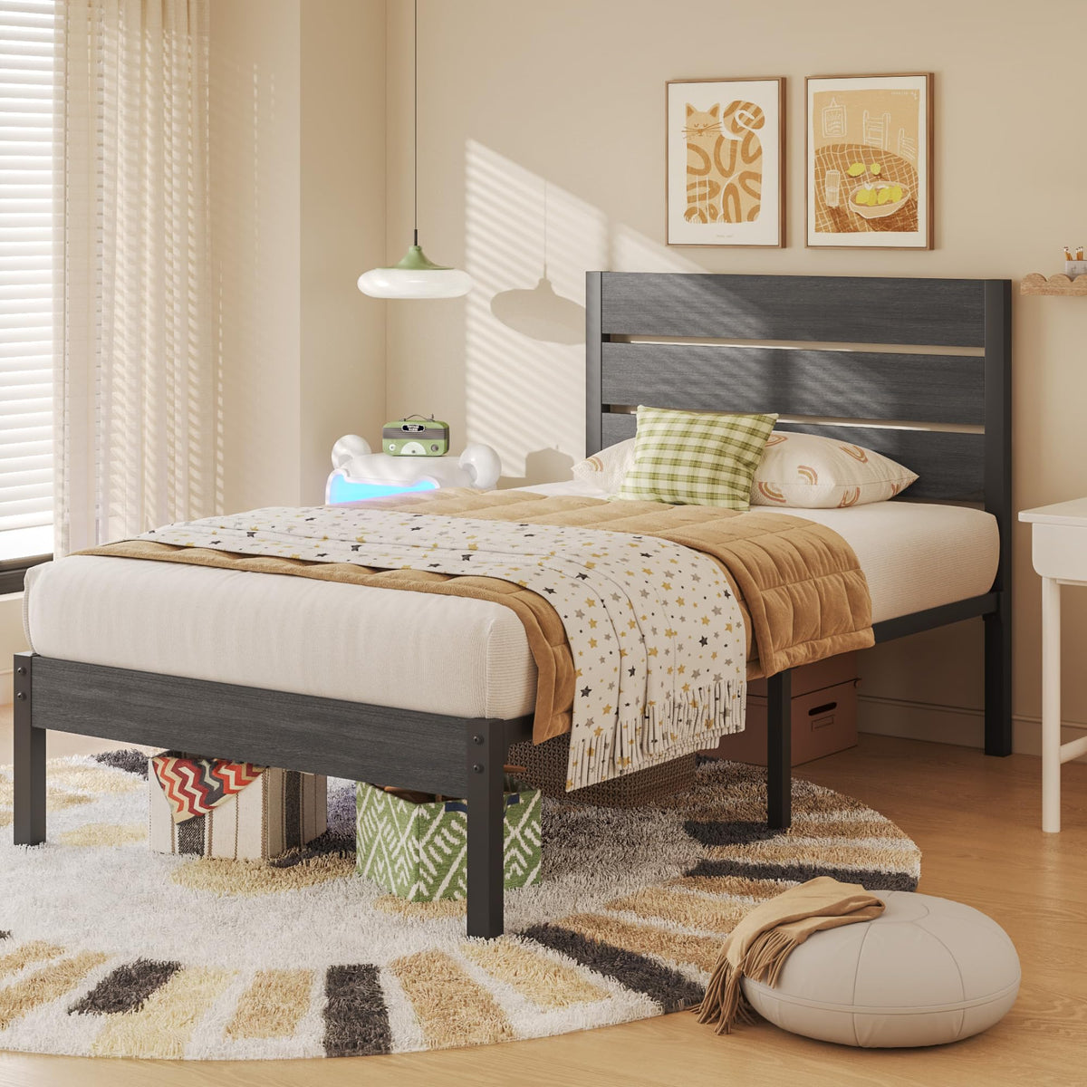 Twin Metal Bed Frame with Headboard and Under Bed Storage L925