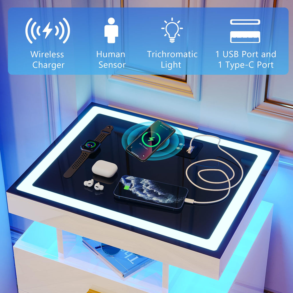 White LED Nightstand with Wireless Charging Station A268