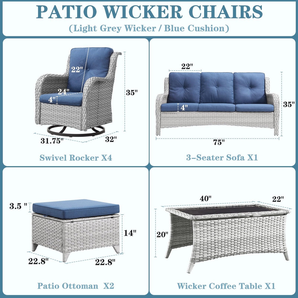 8 Piece Wicker Patio Furniture Set with Swivel Rocker Chairs and Coffee Table S707386