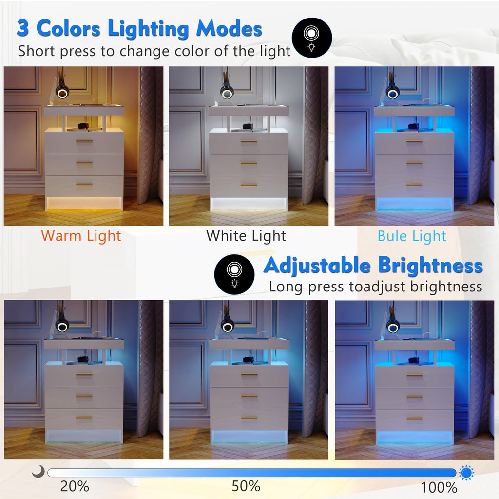 White LED Nightstand with Wireless Charging Station A268