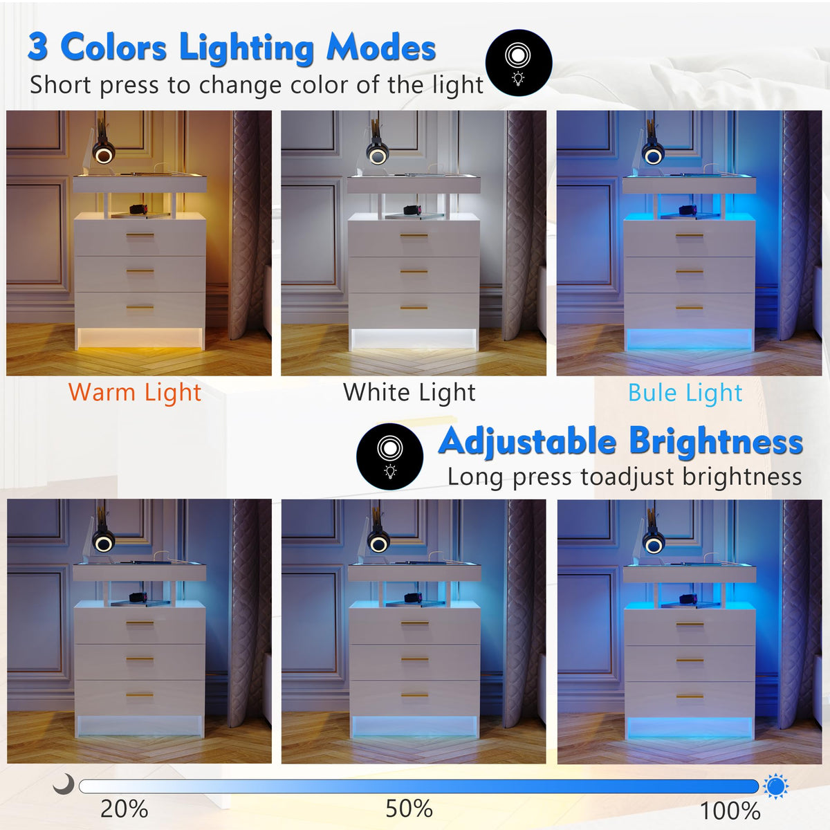 White LED Nightstand with Wireless Charging Station A268