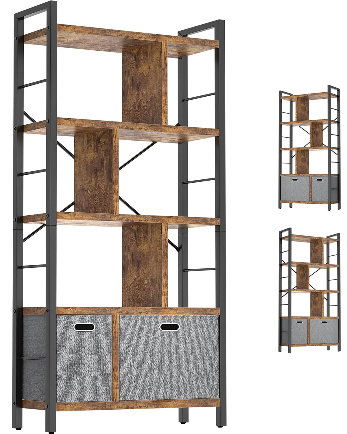 5 Tier Rustic Brown Bookshelf with Drawers H709