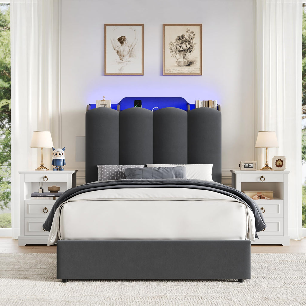 Twin Upholstered Platform Bed Frame with Storage Headboard A330063