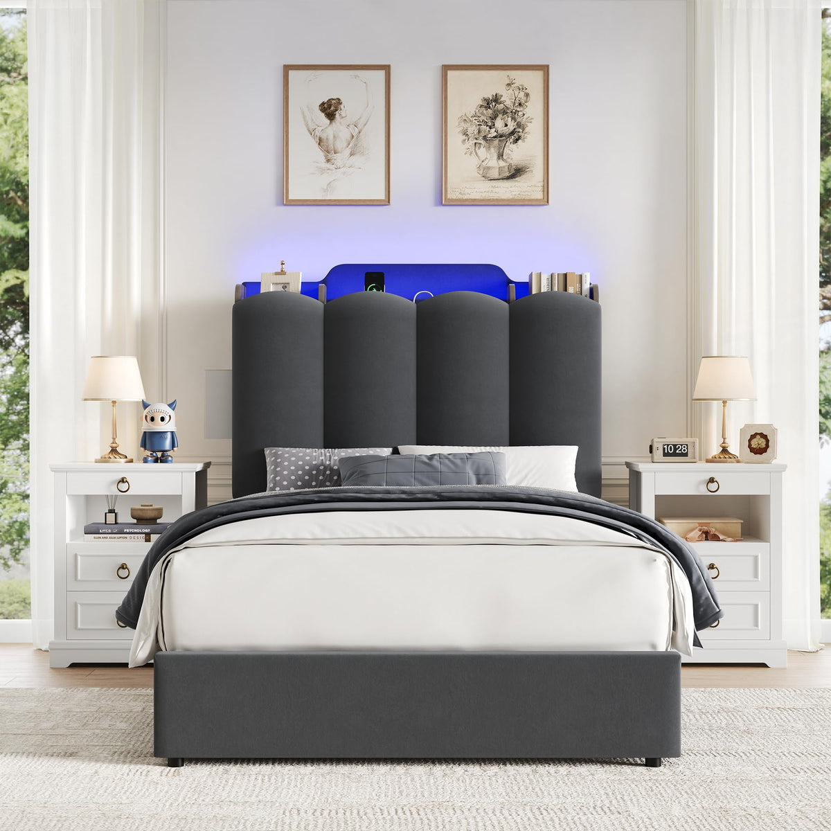 Twin Upholstered Platform Bed Frame with Storage Headboard A330063